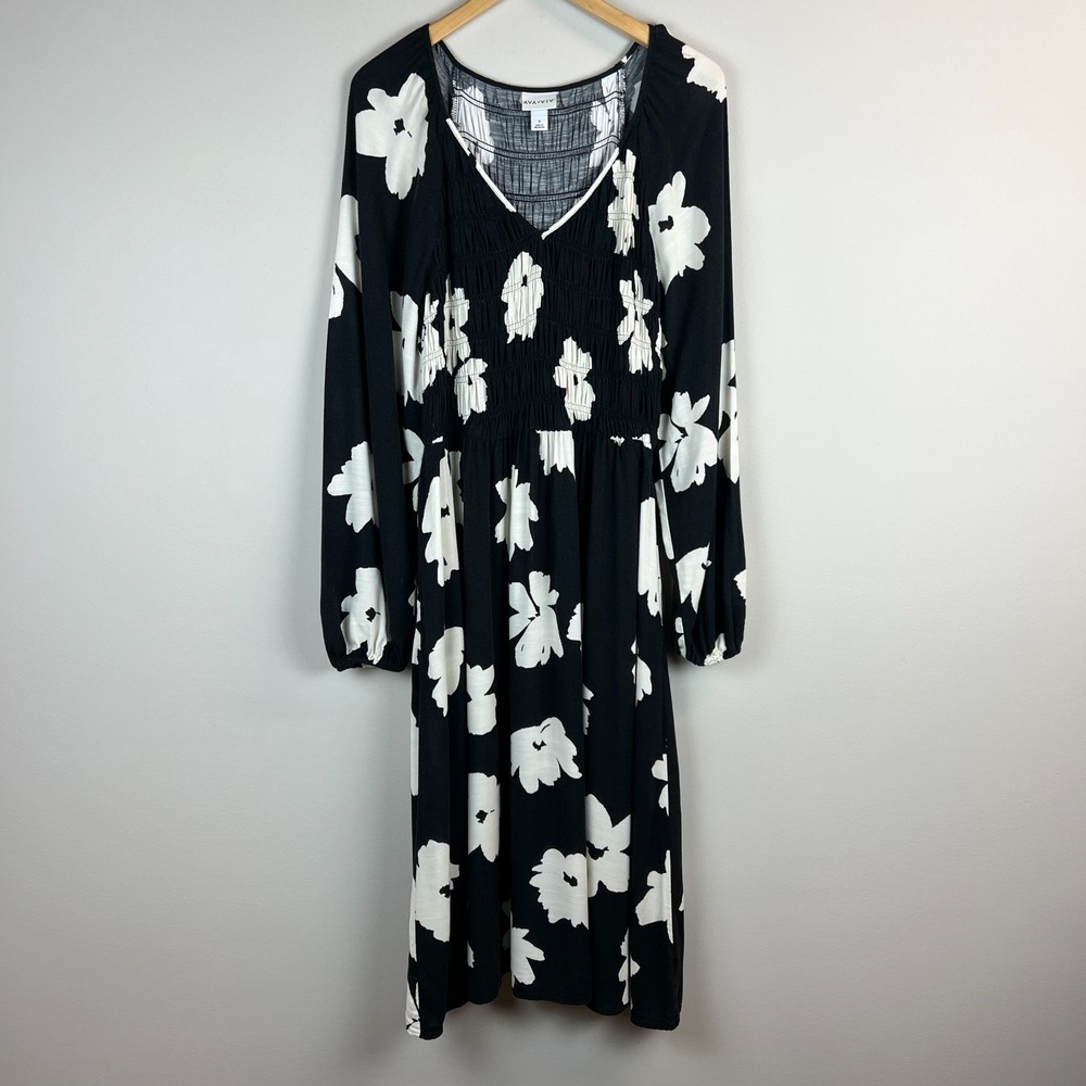 A New Day Midi Dress Womens X 14W Black White Floral Smocked Long Balloon Sleeve
